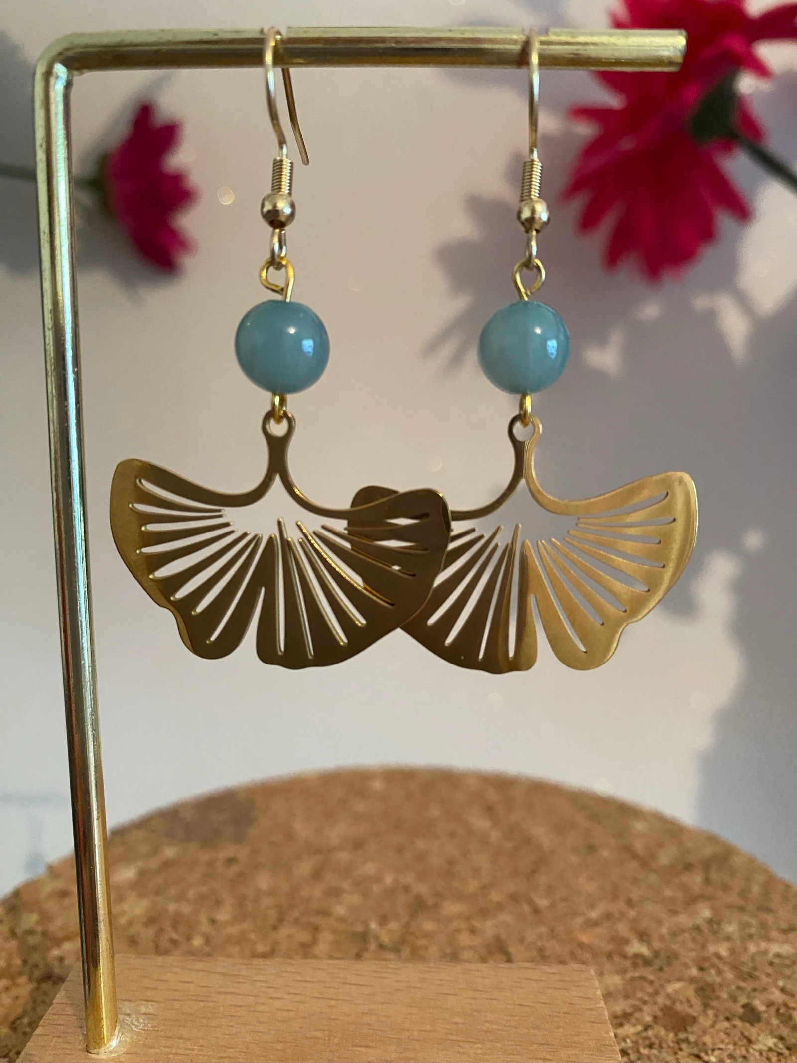 Boucles d’oreilles gingko effet miroir dorée  – photo 2